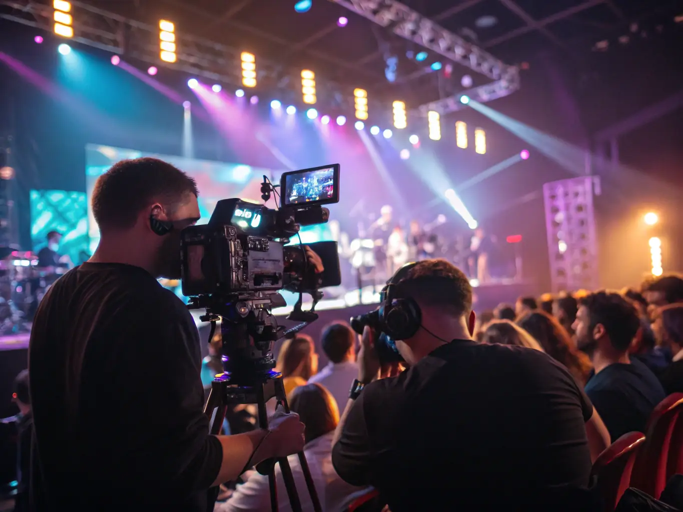 A dynamic shot of a videographer filming a corporate event with professional equipment, capturing the energy and excitement of the scene.
