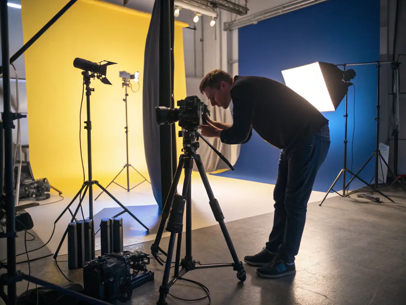 A behind-the-scenes shot of a photography team setting up for a corporate branding photoshoot, showcasing the professionalism and attention to detail.