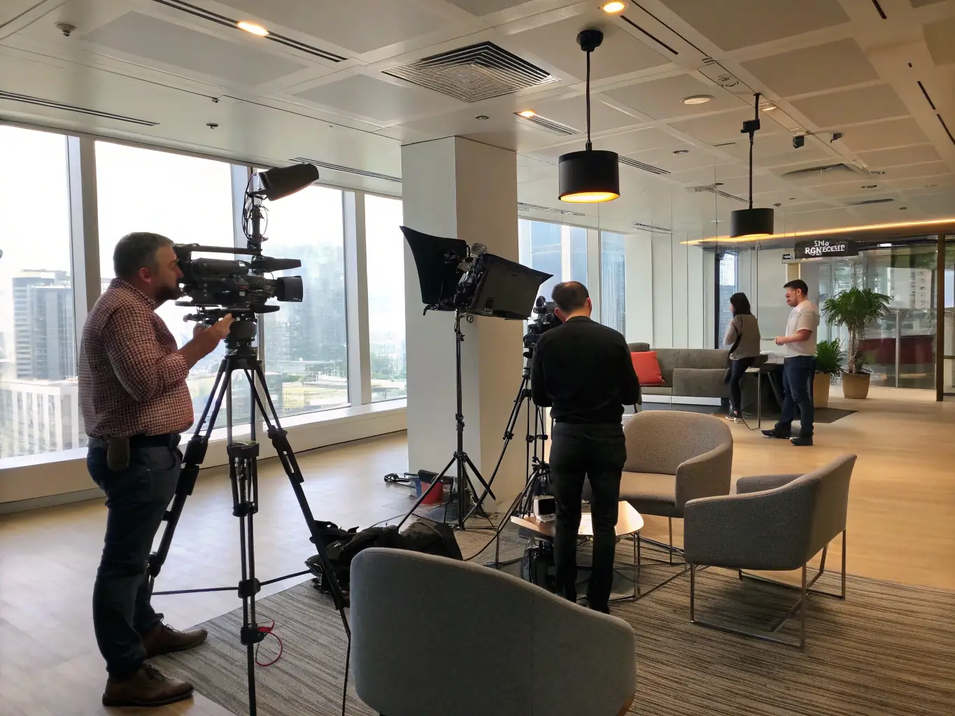 A professional videographer filming a corporate promotional video in a modern office setting, showcasing the company's services and team members in action.