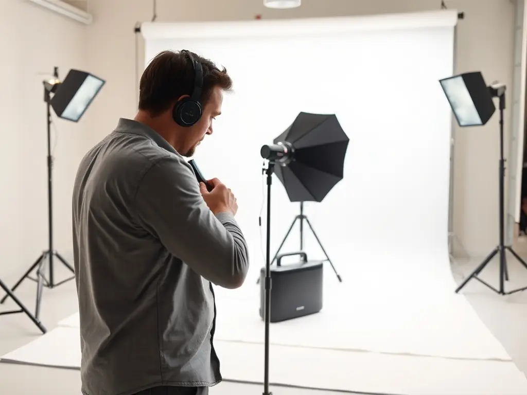 A photographer capturing high-quality product photos in a studio, with professional lighting and equipment, ready for e-commerce and marketing purposes.
